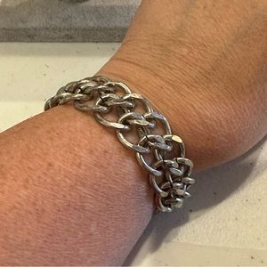 Fossil Bracelet - wide antique silver tone chunky chain w/ toggle close & charms